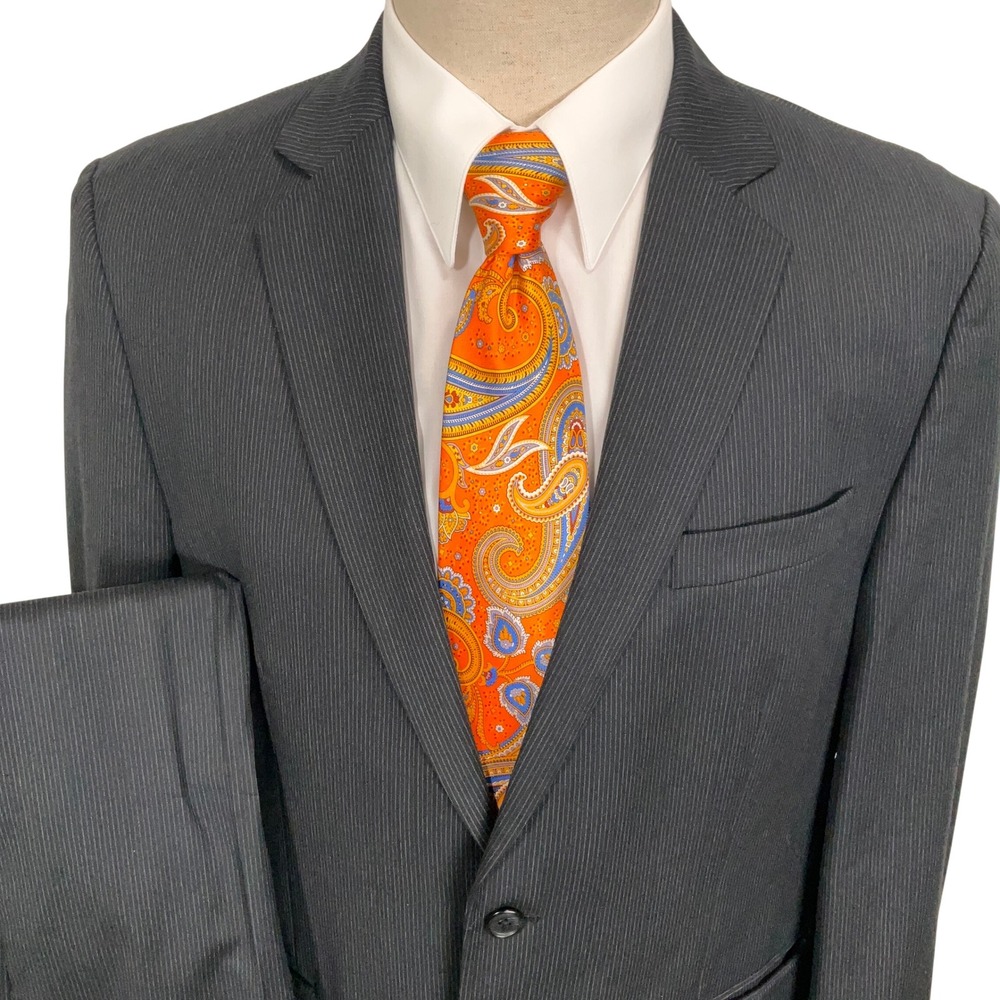 Calvin Klein Suit Men L/42R Charcoal Pinstripe Office Corporate Classic Wool